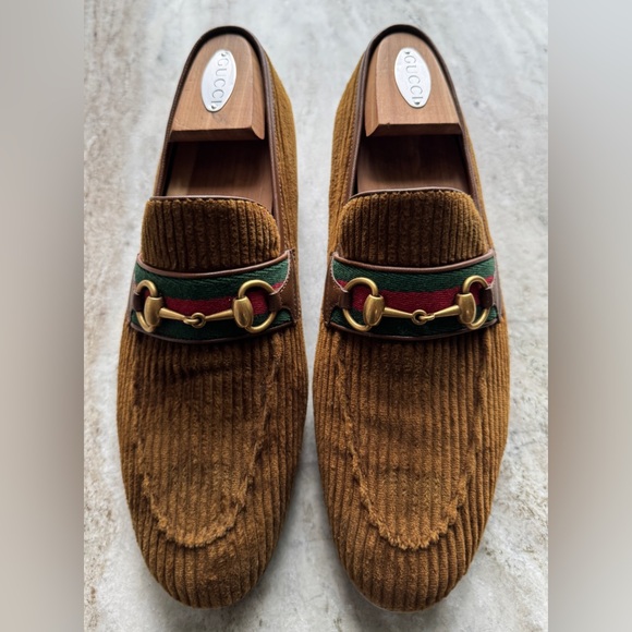 GUCCI Brown Corduroy Web Gold Horsebit Slip On Loafers 8.5 / 9 Moccasins $1000 - Picture 2 of 16